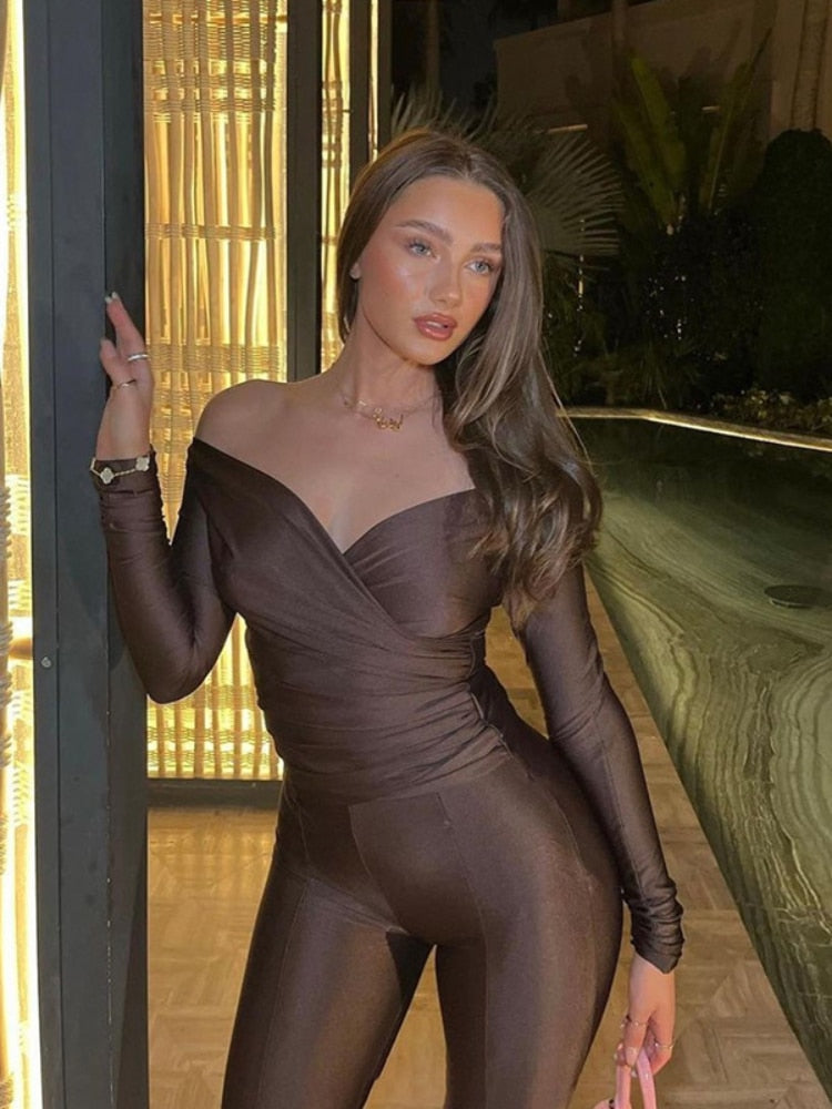 2 Piece Pant Sets Top Leggings Matching Sets Sexy Club Outfit Deep V Long Sleeve Jumpsuit Womens Fall Clothing