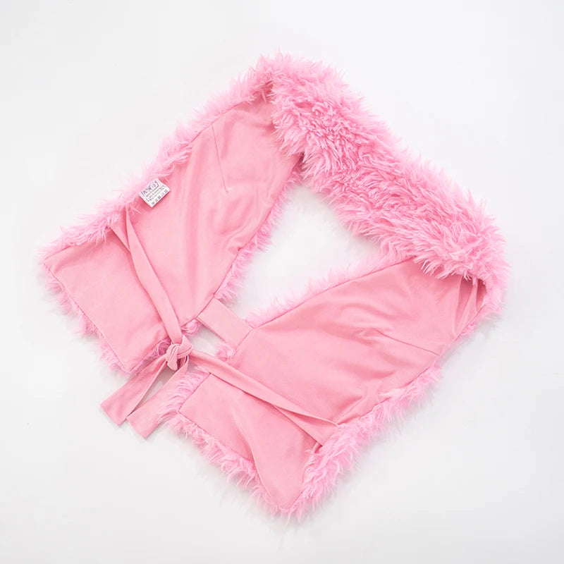 Y2K Furry 2 Piece Set Women Sexy Halter Backless Tank Tops+Tight Shorts Skinny Casual Activity Matching Streetwear