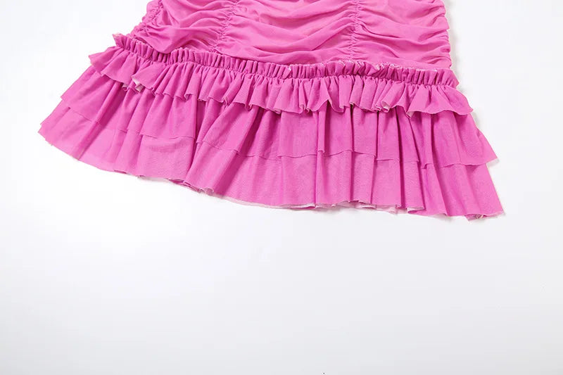 Gradient Pink Mesh Sheath Dresses Elegance Halter Ruched Frilly Mini Dress Sexy Club Outfits Woman Clothing