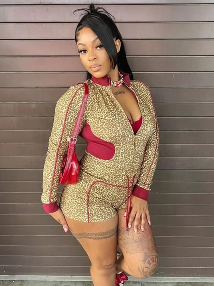 Casual Women 2 Piece Set  Tracksuit Leopard Print Patchwork Zip Crop Jacket+Shorts Sporty Stretch Streetwear Outfits