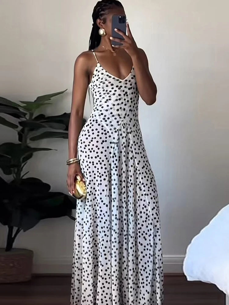 Sexy See Through Maxi Dress Women Polka Dots Print Low-Neck Sleeveless Backless Summer Holiday Ruched Elegant Outfits