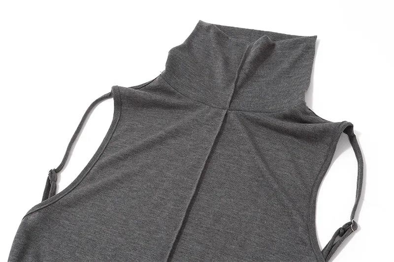 Elegant Womens Long Dresses Trending Celebrity Style Turtleneck Sleeveless Backless Maxi Dress Grey Black