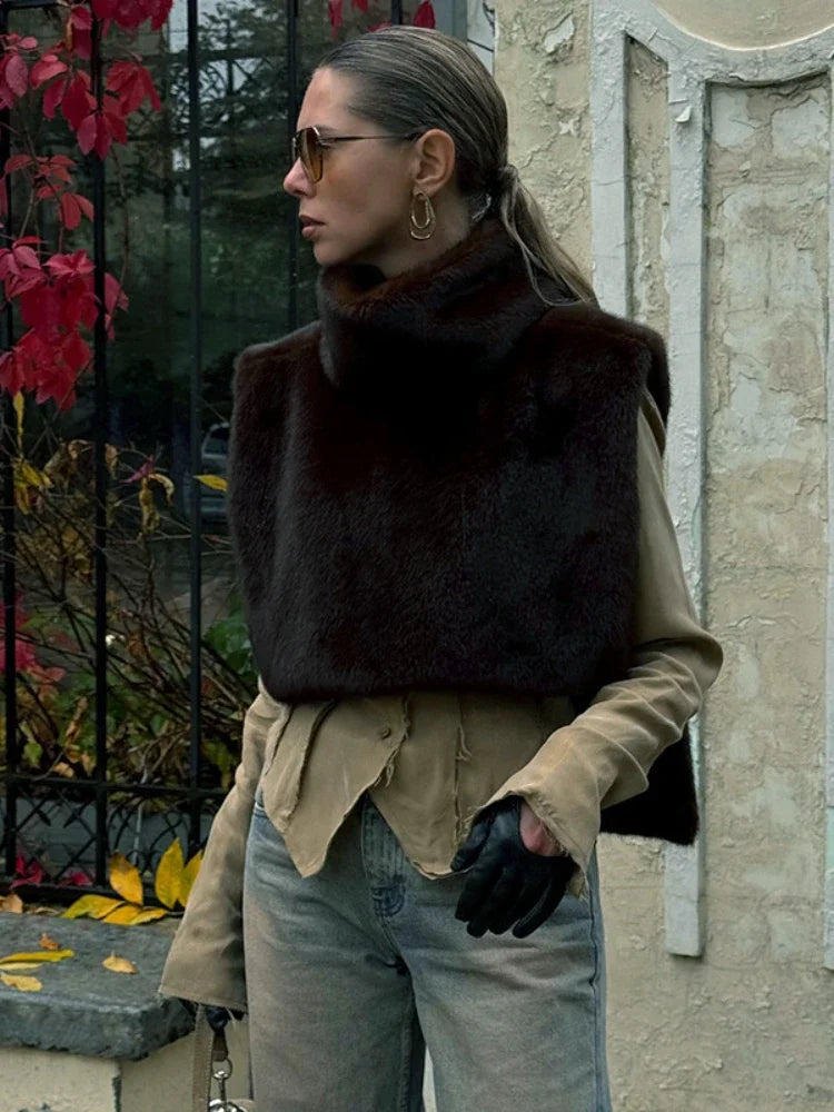 Turtleneck Furry Warm Vest Sleeveless Jacket Coat Faux Fur Top Women Trendy Winter Clothes
