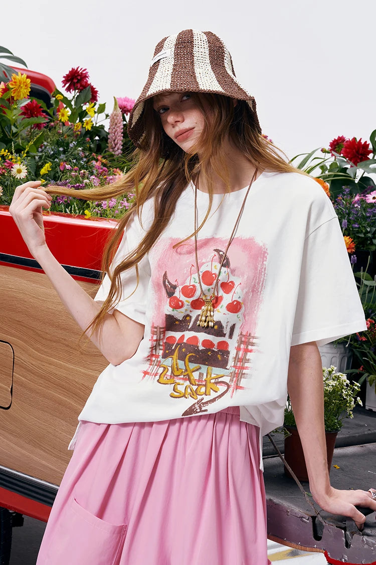 Women's Oversized Drop Shoulder T-Shirt, Graffiti Cake Print Double Gauze Tee, Casual Versatile Summer Short Sleeve Top