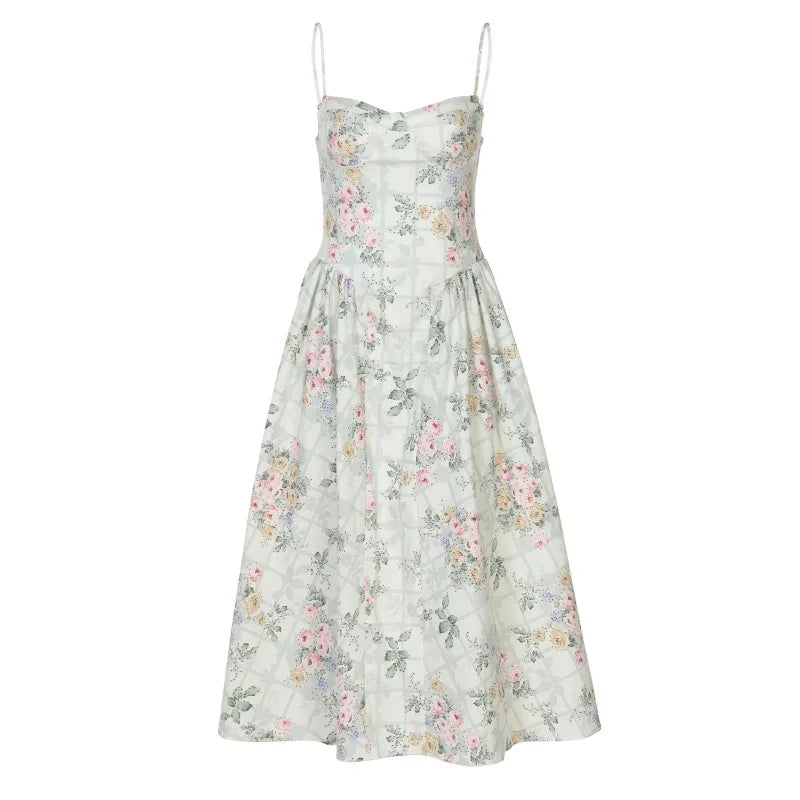 Green Flower Sun Dresses for Woman Spaghetti Strap Backless Long Dresses French Style Elegant Vacation Outfits