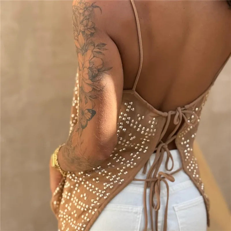 Women's Rhinestone Embellished Cami Top Spaghetti Strap Sheer Mesh Tie Back Sleeveless Loose Casual Summer Party Blouse