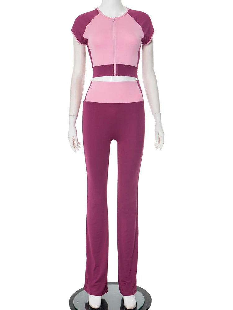 Casual Sporty 2 Piece Set Tracksuit Women Patchwork Shorts Sleeve Crop Tops+Leggings Matching Street Stretch Outfits