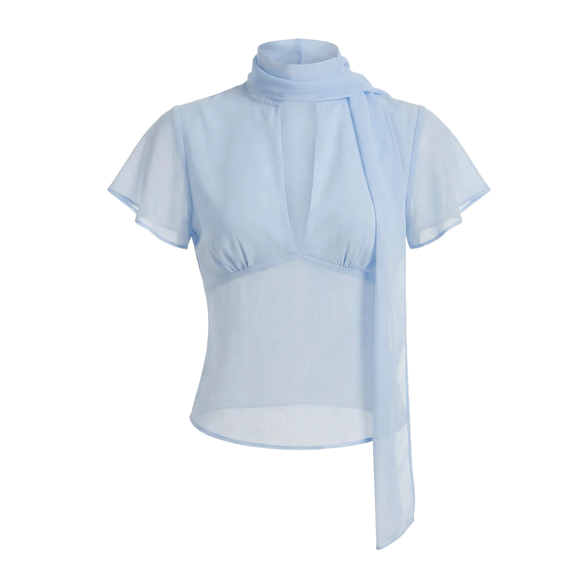 Y2K Women Mesh Sheer Blouse Short Flutter Sleeve Keyhole Neck Tie Scarf Collar Slim Fit Cropped Top Vintage Party Shirt