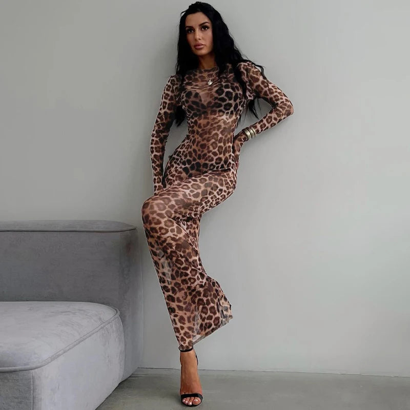 Leopard Print Mesh Long Sleeve Sexy Slim See Through Maxi Dress Summer Women Fashion Outfits Beach Vacation Club