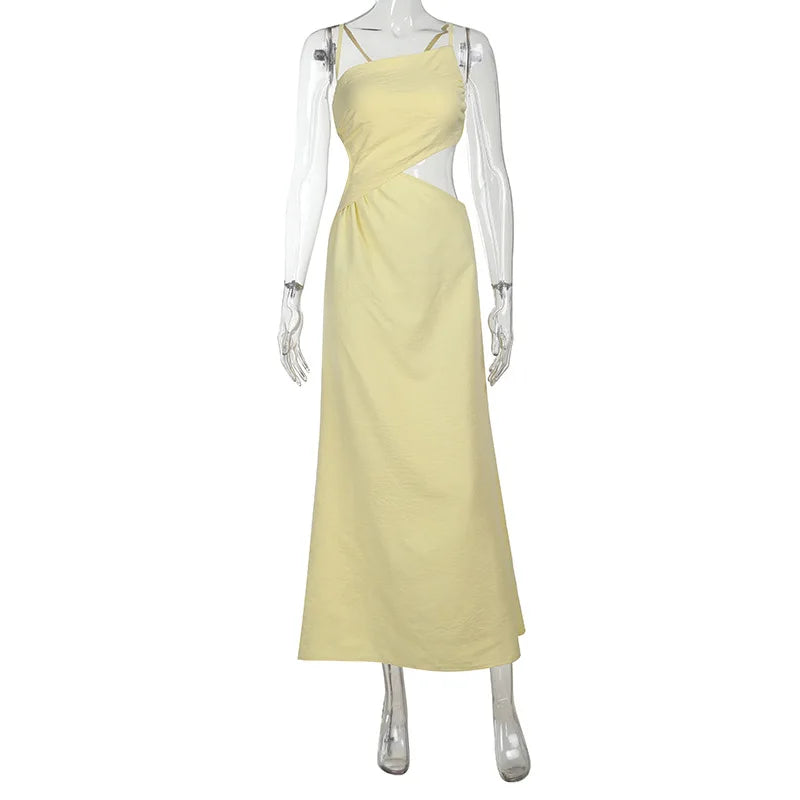 Women Vacation Outfit Club Party Long Skirt Summer Retro Vest Elegant Sexy Hollow Backless Pleated Long Dress