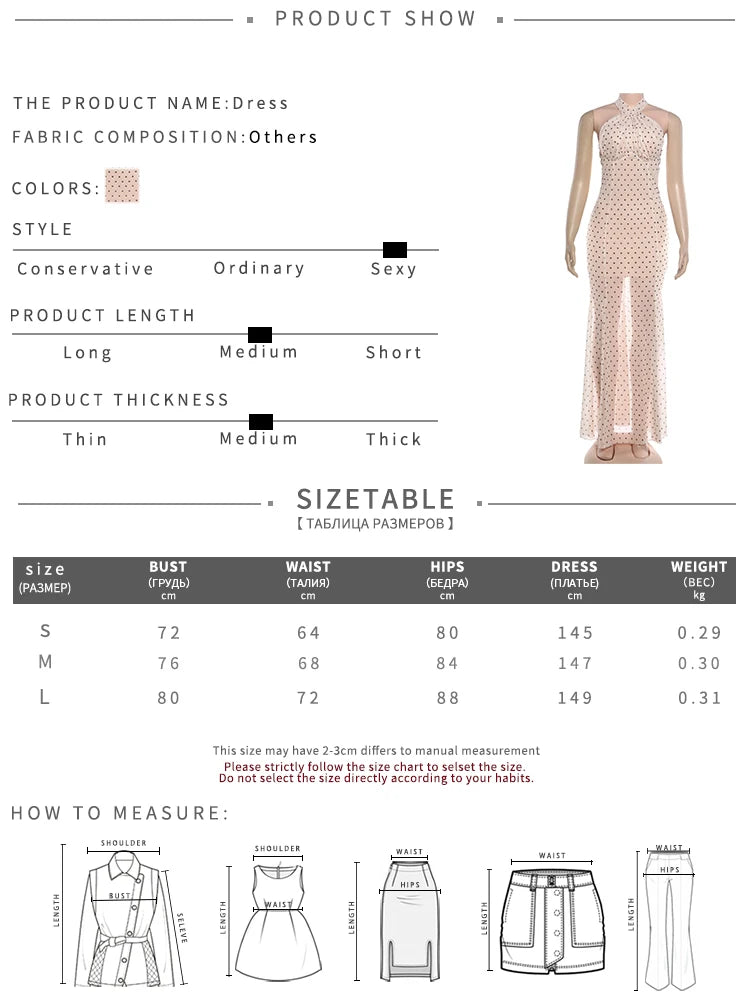 Mesh Patchwork Sexy Backless Halter Dress Women Elegant Polka Dot Print Ruched Sleeveless Simple Trend Party Long Bodycon