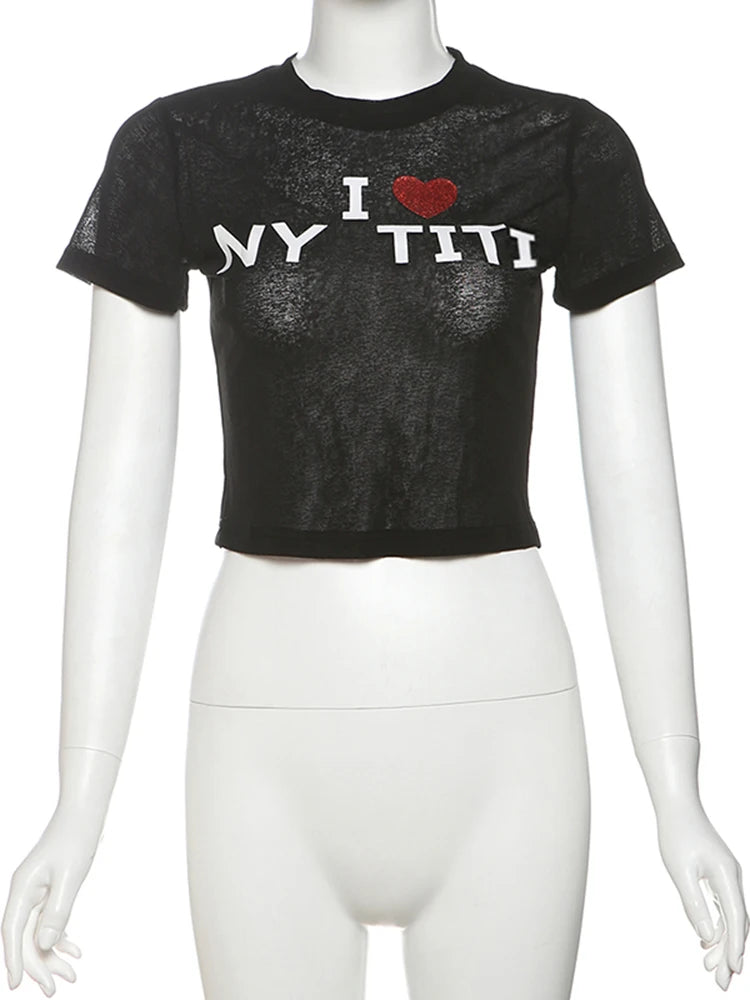 See Through Sexy Crop Tops Women Y2K Letter Print Fit Stretch Hottie Street Summer Sexy Hipster Classic Basis Tees
