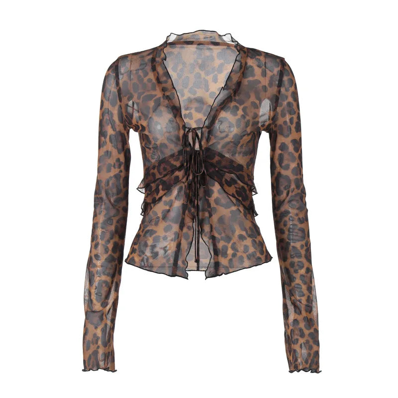 Transparent Leopard Print Chiffon Shirts & Blouses Sexy Tie Front V-neck Flare Sleeve Ruffle Tops for Women