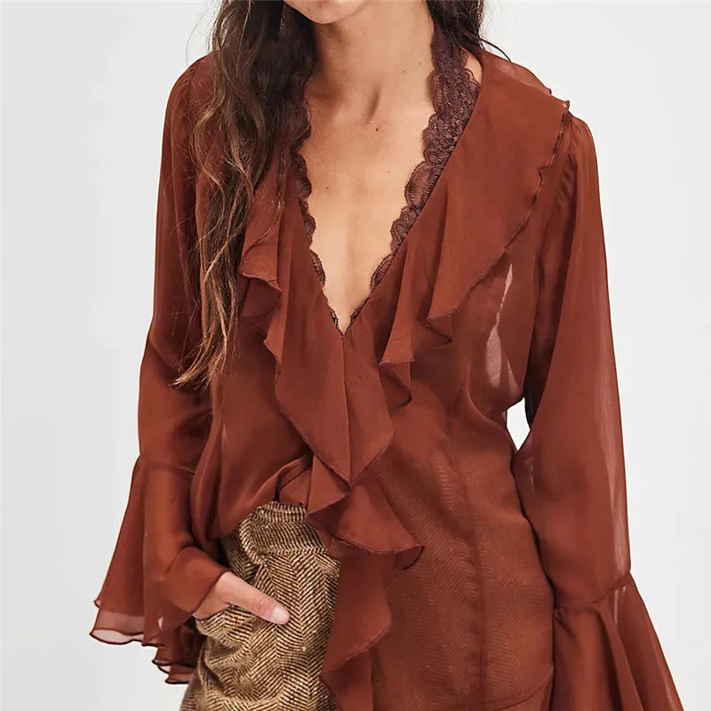 Women Sheer Lace Ruffled Flowy Tops Chiffon Frilly Layered Bell Sleeve Pirate Top Sexy See Through Blouse Mesh Shirt