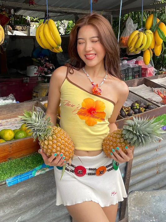 Y2K Sweet Style Tank Tops Women Flower Print Off Shoulder Shirring Backless Vacation Trend Beach Party Skinny Outfits