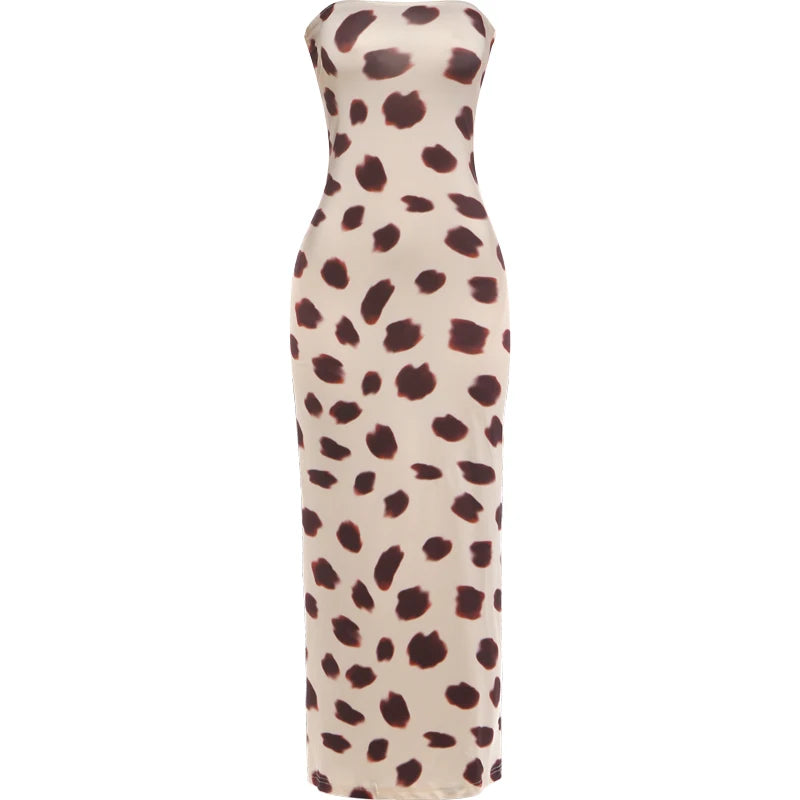 Sexy Hollow Backless Dress Women Fashion Simple Art Print Square Collar Split Sleeveless Elegant Party Club Bodycon