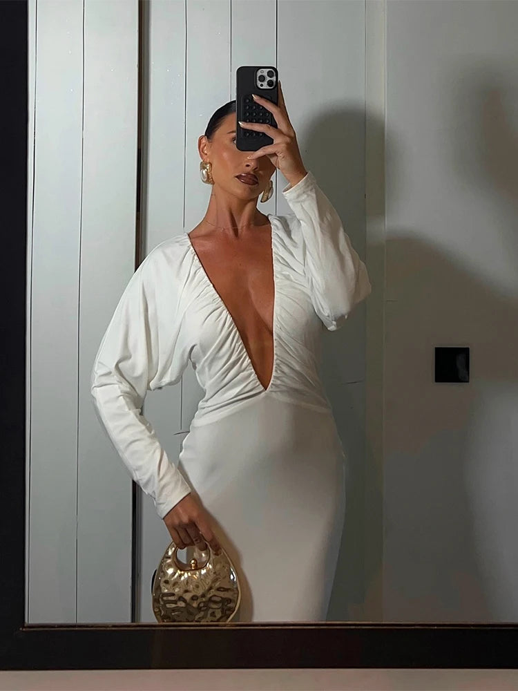 Deep V-Neck Maxi Dress Women Y2K Elastic Long Sleeve Elegant Ruched Stretchy Skinny Cocktail Birthday Party Vestidos