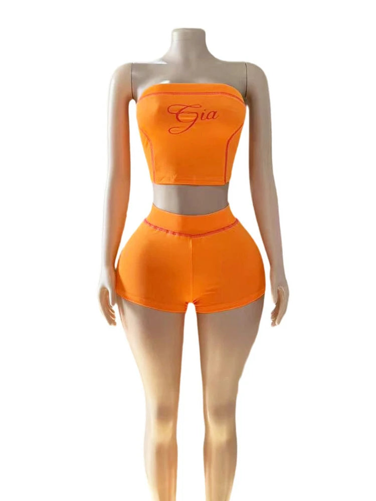 Letter Print Women 2 Piece Set Tracksuit Letter Print Strapless Tos+Shorts Matching Streetwear Skinny Stretch Outfits