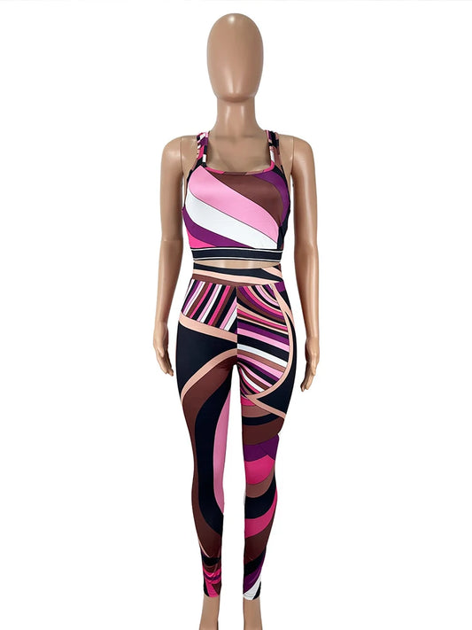 Fashion Patchwork 2 Piece Set Women Square Collar Tank Tops+Skinny Peach Hip Pants Midnight Sexy Club Party Outfits