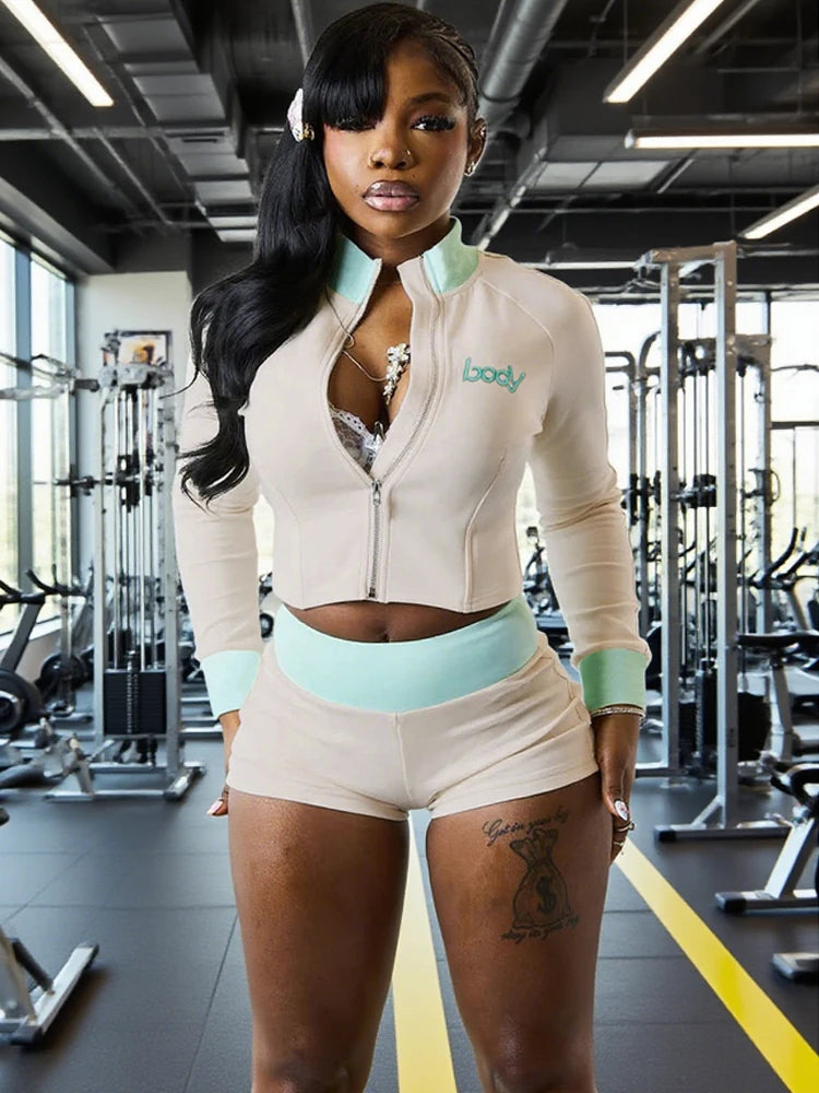 Casual Women 2Piece Set Letter Embroidery Zip Crop Jacket+Widewaist Shorts Matching Streetwear Stretch Sporty Outfits