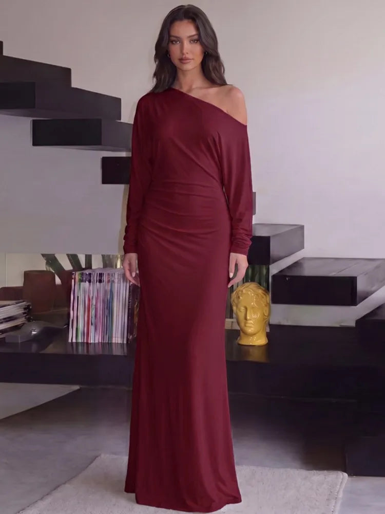 Women Elegant Off Shoulder Sexy Maxi Dress Batwing Long Sleeve Ruched Bodycon Dress Evening Party Wedding Guest Dress
