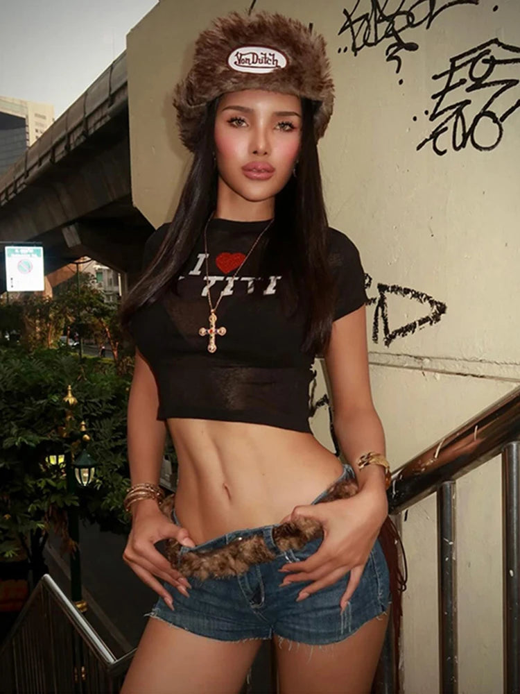 See Through Sexy Crop Tops Women Y2K Letter Print Fit Stretch Hottie Street Summer Sexy Hipster Classic Basis Tees
