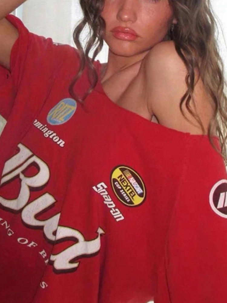 Letter Print t-Shirt Women Flash Enlarged Collar Hipster Hip-Hop Style Street Trend Summer Basic Daily Summer Tops