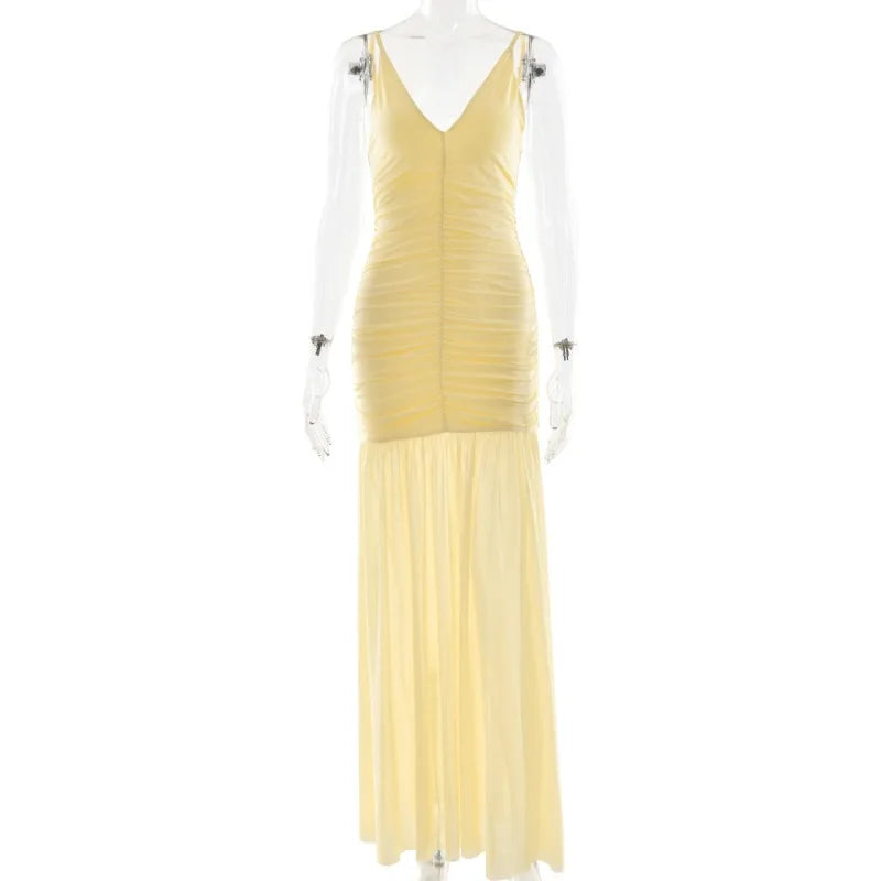 Deep V Neck Sleeveless Backless Pleated Long Dresses See Through Mesh Patchwork Elegant Party Dresses