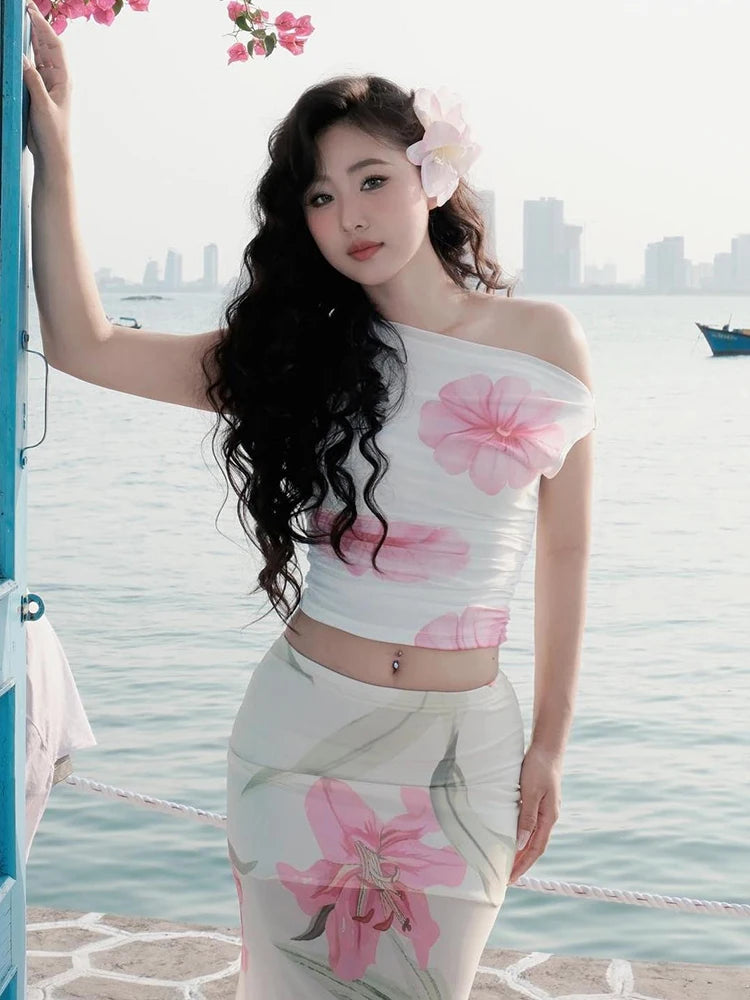 Flower Print T-Shirt Women One Shoulder Patchwork Folds Skinny Elasticity Summer Sweet Basic Street Daily Mini Tops