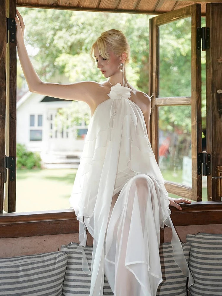 Tierred Maxi Dress Women Halter Elegant Bandage 3D Flowers Tassel Backless Sleeveless Summer Trend Vacation Vestidos