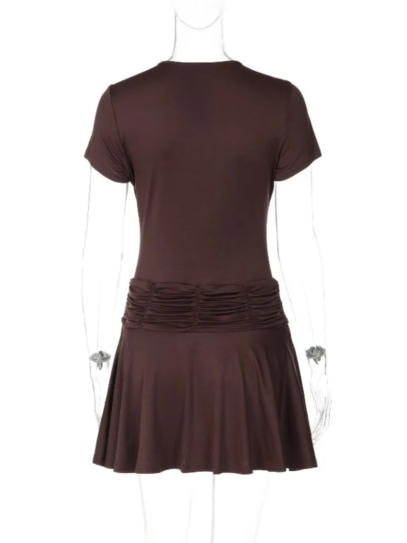 Short Sleeve Mini Dress with Keyhole Cutout and Ruched Waist Brown Black Dresses for Woman Clothing