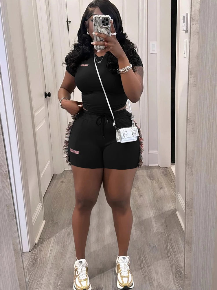 Letter Embroidery Women Casual 2 Piece Set Tracksuit Shorts Sleeve Crop Tops+Side Tassel Shorts Sporty Matching Suits