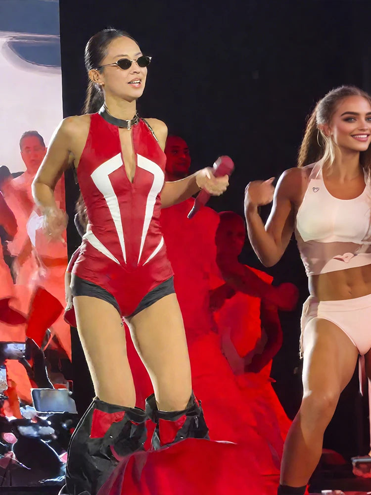 Zip Button Bodysuits Women Y2K Hipster Faux Leather Sleeveless Skinny Music Festival Sexy Midnight Summer Body Tops