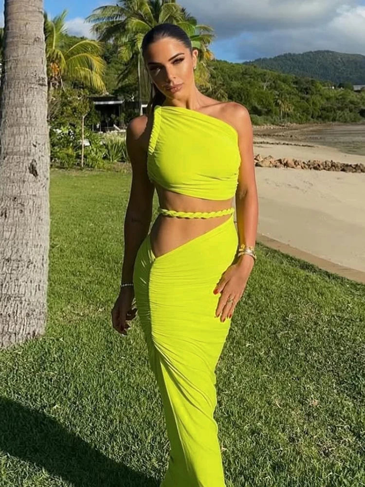 Summer Trend 2 Piece Set Women Irregular Skew Collar Bandage Backless Tops+Ruched Skirts Beach Vacation Elegant Suit