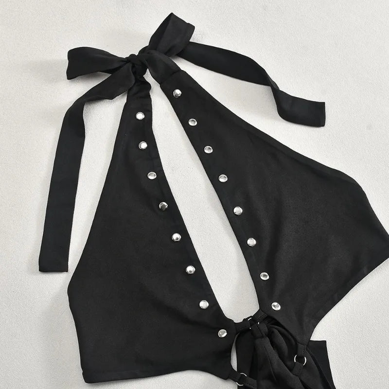 Sexy Black Jumpsuit Women Summer Club Outfit Fashion Rivet Cut Out Halter Backless Jumpsuits Flared Leg