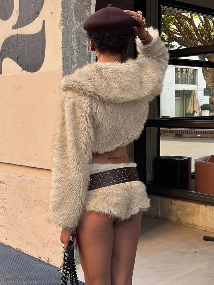 Sexy Furry Crop Jacket Women Basic Autumn Trend Button Lapel Full Sleeve Hottie Simple Wild Streetwear Clubwear Coat