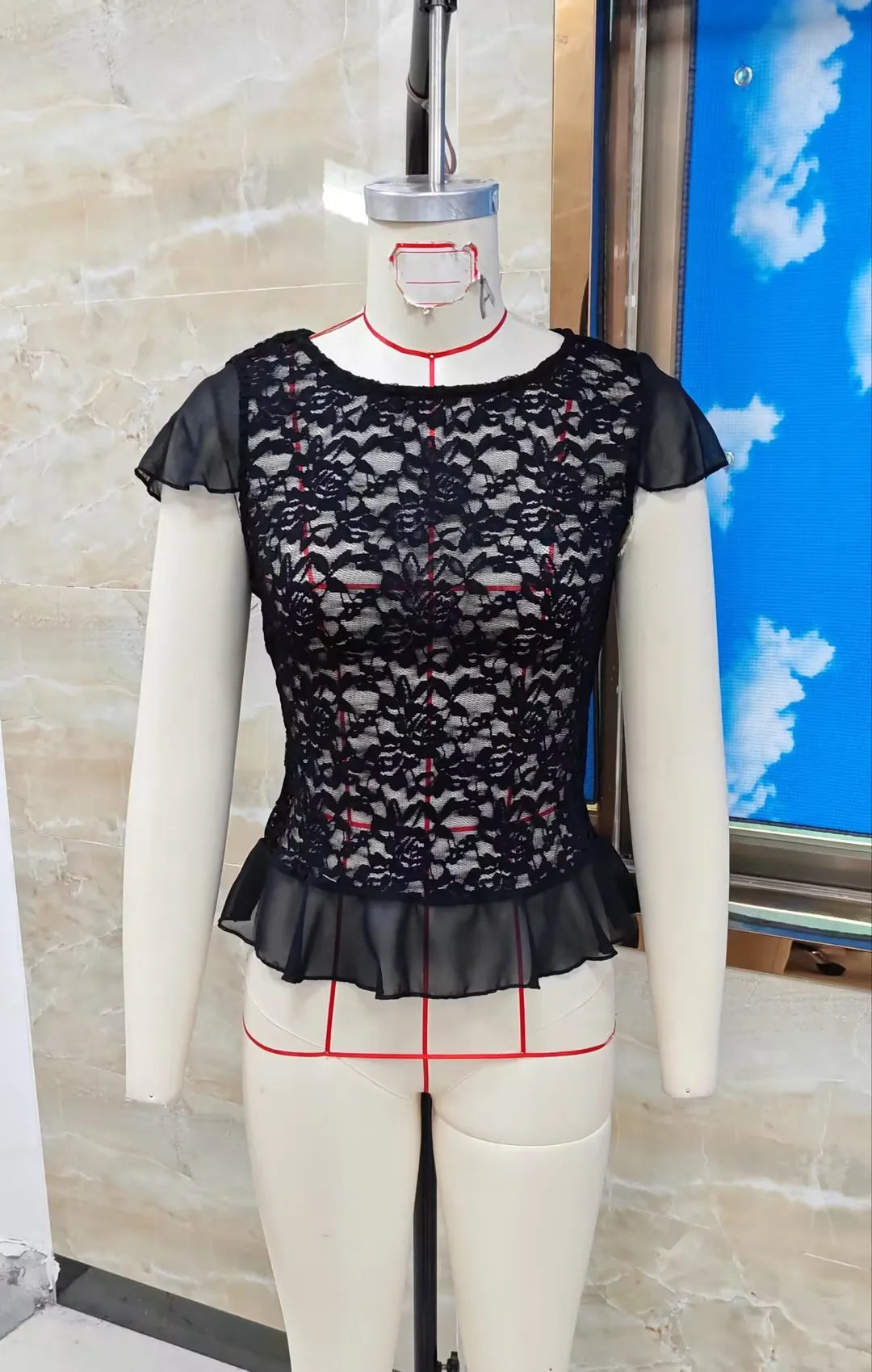 Women's Floral Lace Sheer T Shirt Blouse Short Sleeve Round Neck Ruffle Hem Fitted See-Through Top for Casual Party