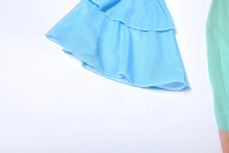 Lower Print See Through Dress Women Y2K Gradient Ruffles Low-Neck Flare Sleeve Summer Holiday Beach Midnight Vestidos