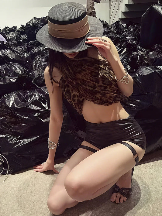 Sexy 2-Piece Set Women Backless Leopard Print Bandages Vests+Metal Ring Hollow Shorts Coquette Wild Midnight Clubwear