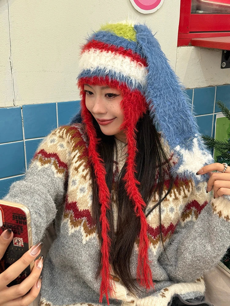 Y2K Cute Color Block Striped Bunny Ear Braid Knit Beanie For Women