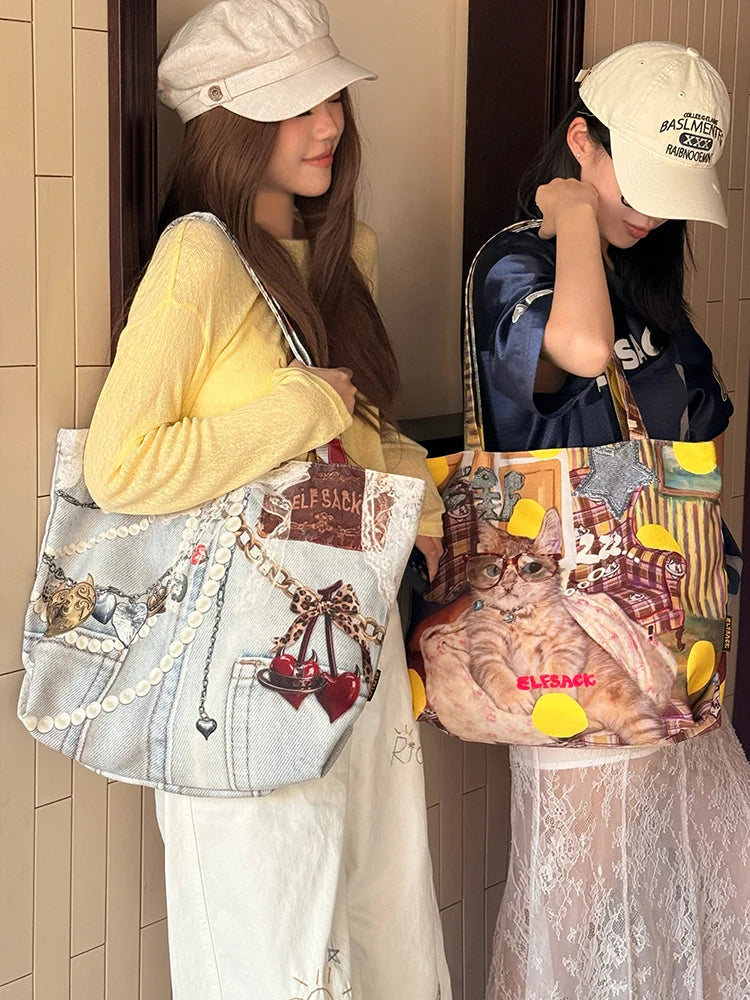 Women's Vintage Patchwork Canvas Tote Bag, Lace Bow Heart & Cat Print Large Capacity Shoulder Handbag