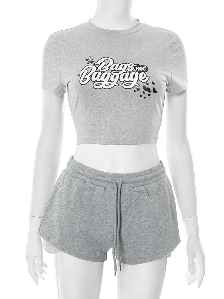 Letter Print 2Piece Set Women Raw Edge o-Neck Crop Tops+Lace-Up Shorts Sporty Street Matching Summer Casual Tracksuit