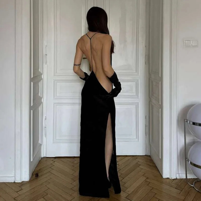 Striped Black Mesh Sheer Sexy Summer Dress Woman 2025 Halter Backless Side Split Long Dresses Club Outfits