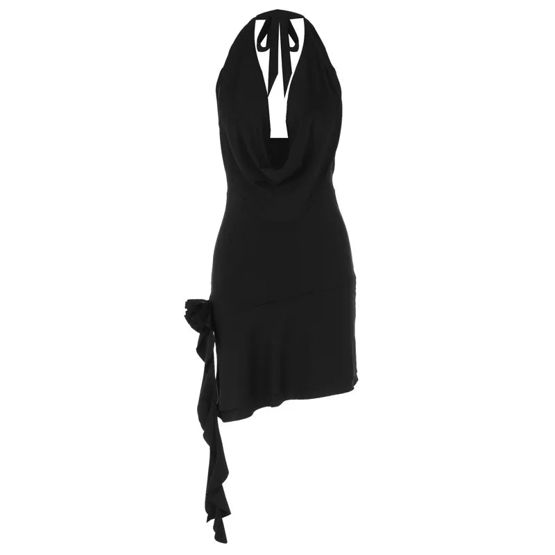 3d Floral Applique Ruffle Halter Mini Dresses Birthday Party Pink Black Cowl Neck Backless Clubbing Dress