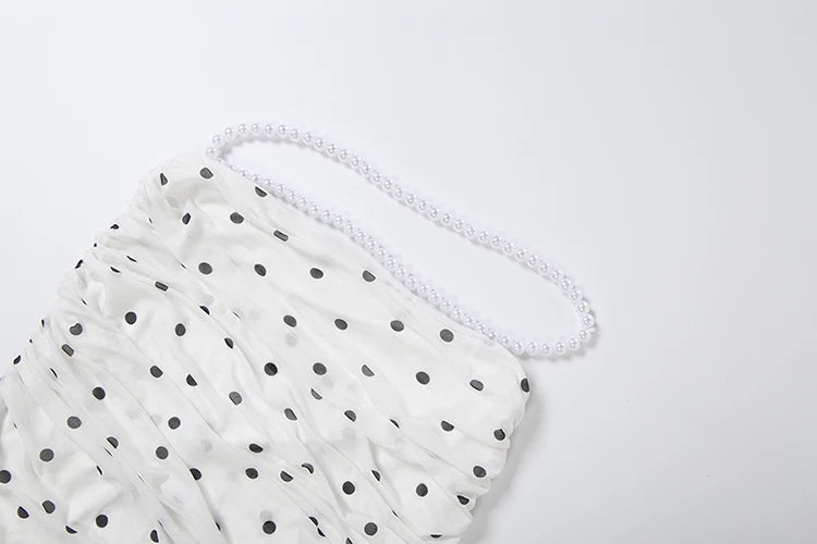 Chic Polka Dot Print 2 Piece Set Woman Beads Decoration Halter Backless Tank Top+See Through Design Skit Elegant Suits