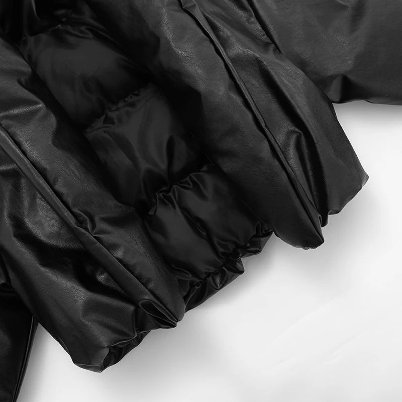PU Waterproof Crop Puffer Jacket Women Winter Warm Leather Stand Collar Quilted Parkas Full Sleeve Streetwear Coat