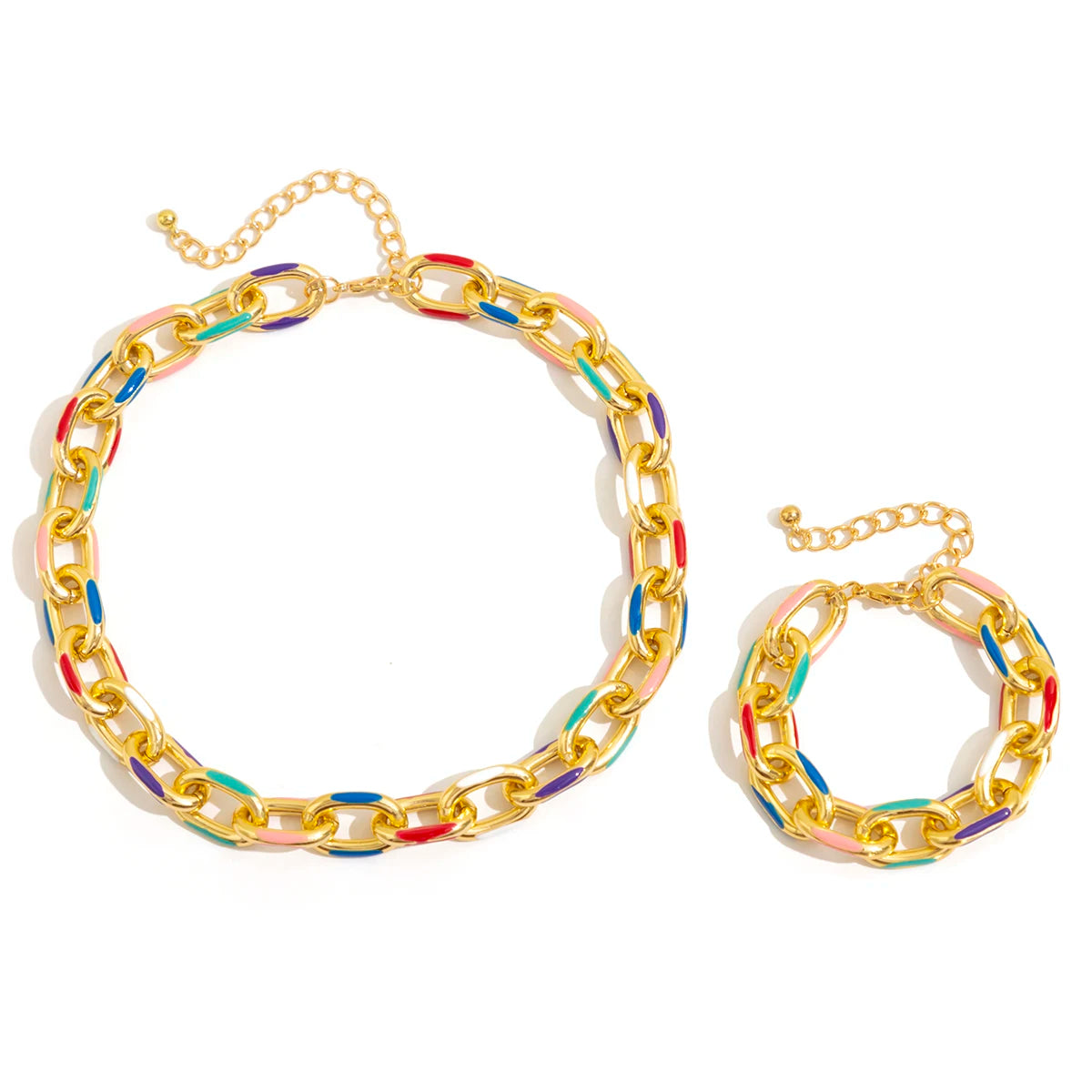 2Pcs Punk Hip Hop Heavy Metal Necklace Bracelet for Women Exaggerated Gold Color Thick Chain Jewelry Set Party Neck Accessories