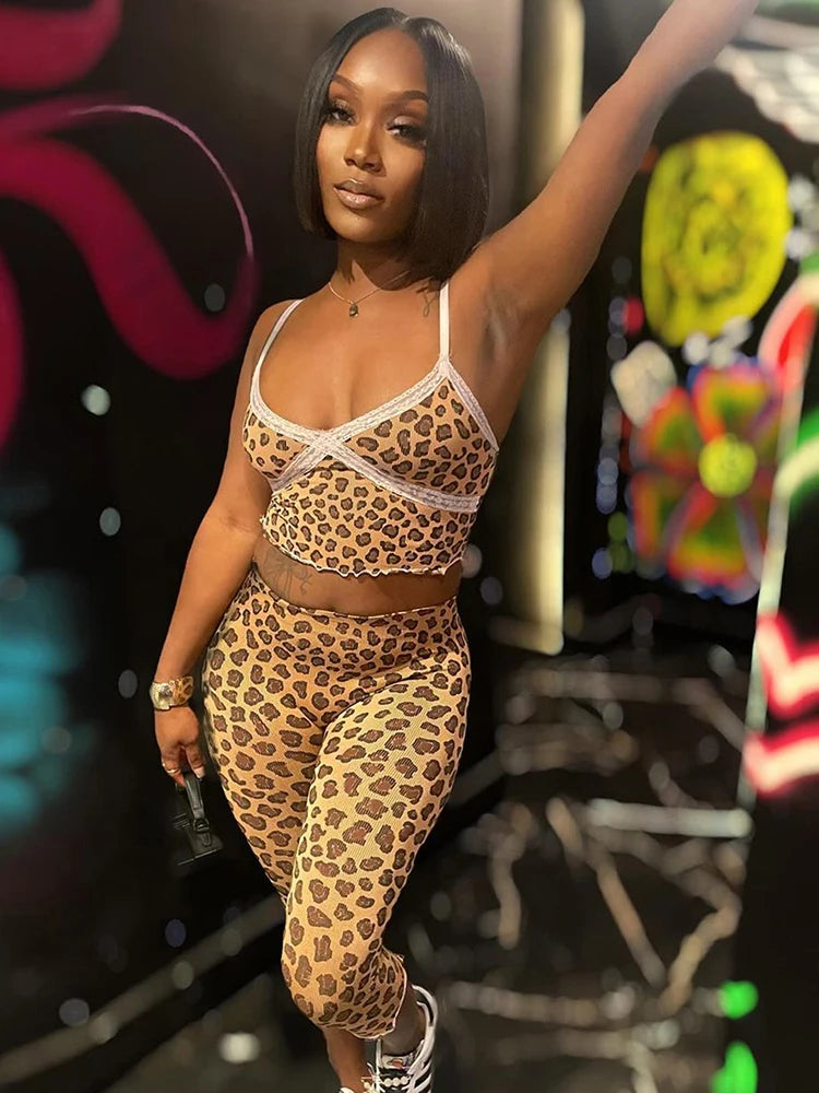 Tracksuit Women 2 Piece Set Casual Leopard Print Y2K Camisole+Mid Pants Tight Stretch Skinny Matching Street Outfits