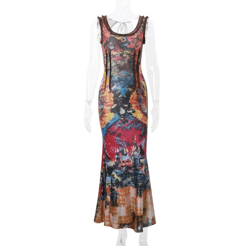 Y2k Retro Tie Dye Print Long Dresses for Women Sexy Hollow Out Lace Up Backless Maxi Dress 2000s Aesthetic