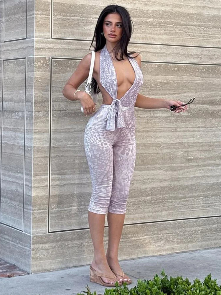 Leopard Print 2 Piece Set Women Backless Irregular Knot Halter Bodysuits+Stretch Shorts Street Matching Sexy Suits